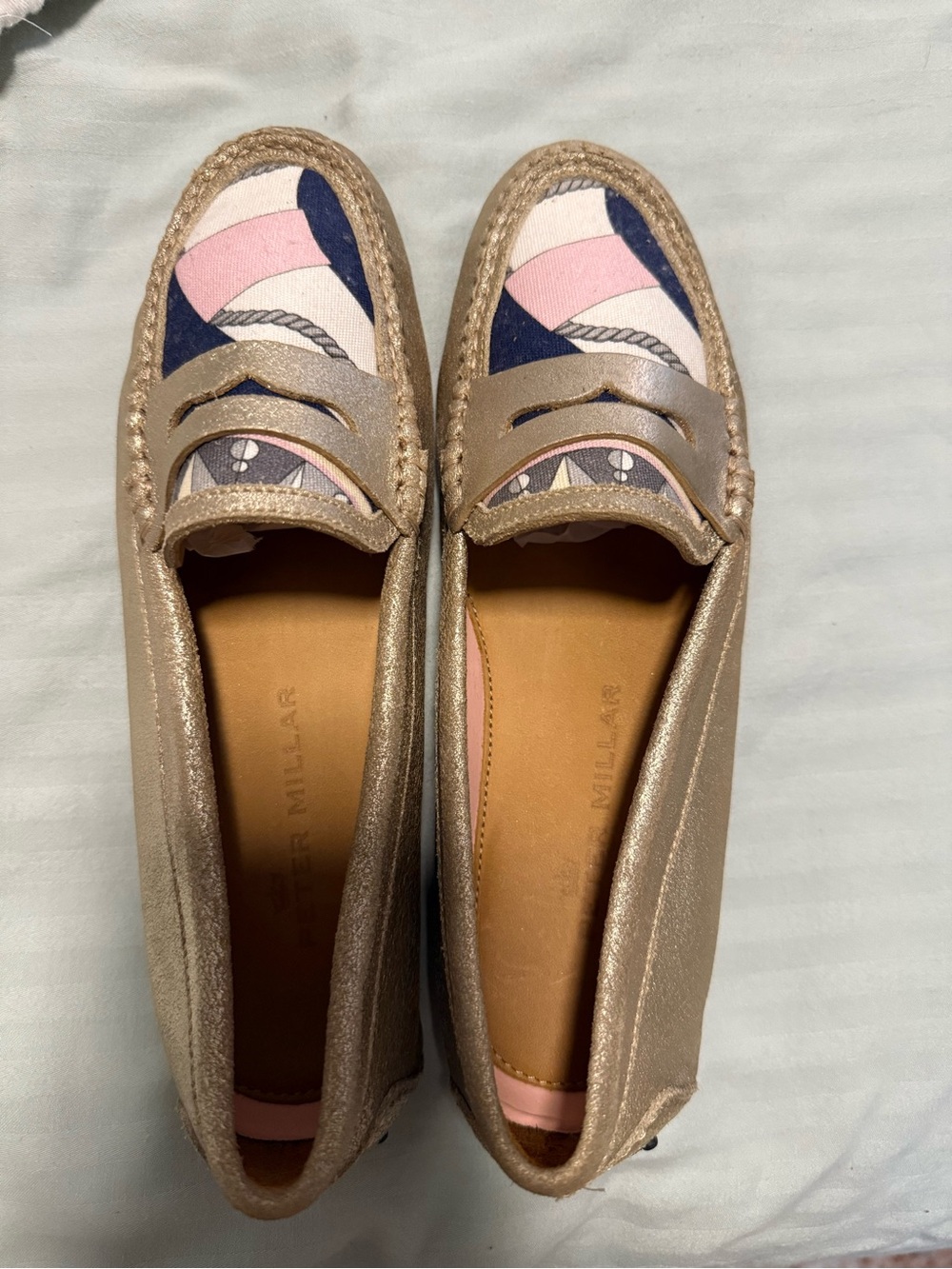 Peter Millar Womens 7.5 M Gold Leather Driving Loafers Nautical Print Brazil